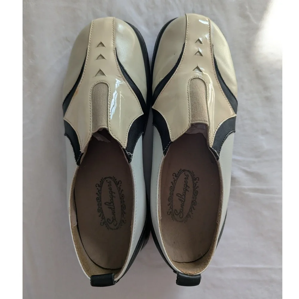 Sandbaggers Moxie Golf Shoes Cream Black Patent Slip On Sz 8 Spikeless Retro